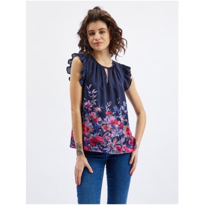 Tmavě modrá dámská květovaná halenka s volánem Modrá, 38