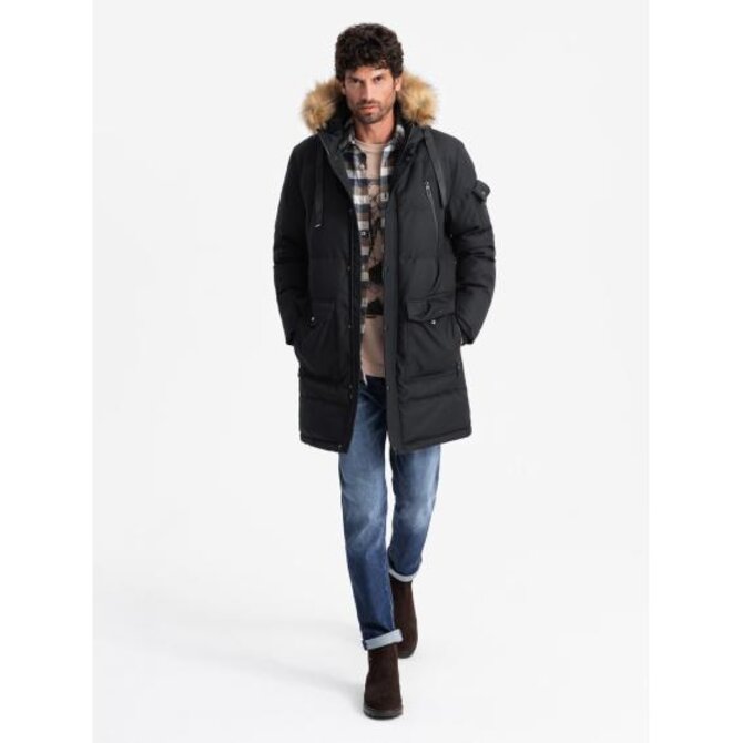 Pánská dlouhá teplá bunda parka s kapucí - černá V2 Černá, L