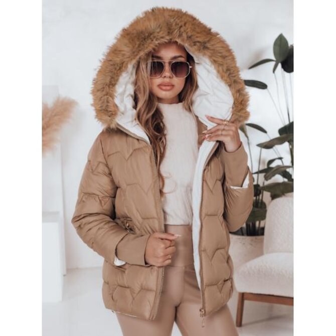 Dámská zimní bunda SNOWMISS prošívaná béžová s kapucí Béžová, L