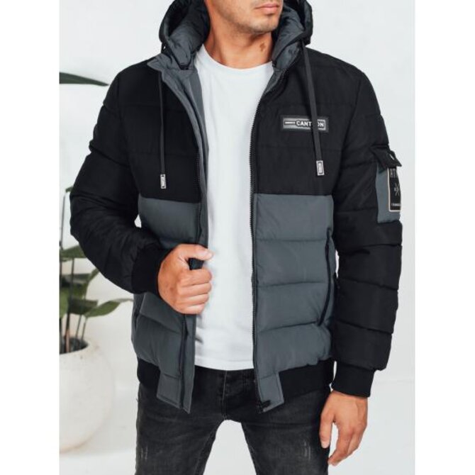 Pánská zimní bunda s kapucí, černá a šedá Břidlicová, XXL