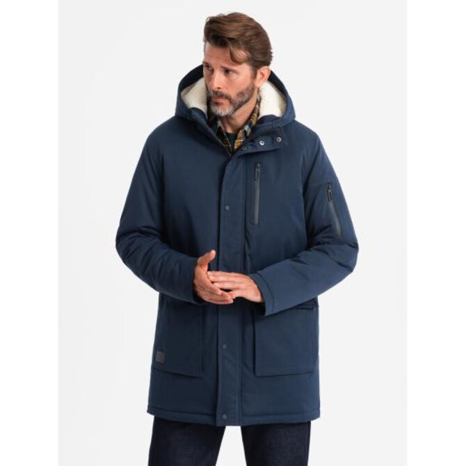 Pánská dlouhá bunda parka sherpa - tmavě modrá V2 Námořnická modrá, S