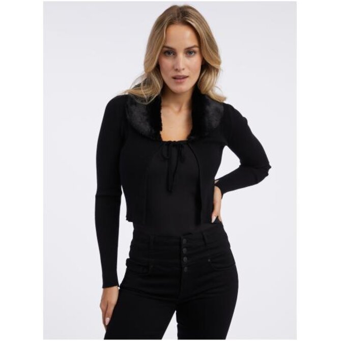 Černý dámský kardigan s umělým kožíškem Černá, M