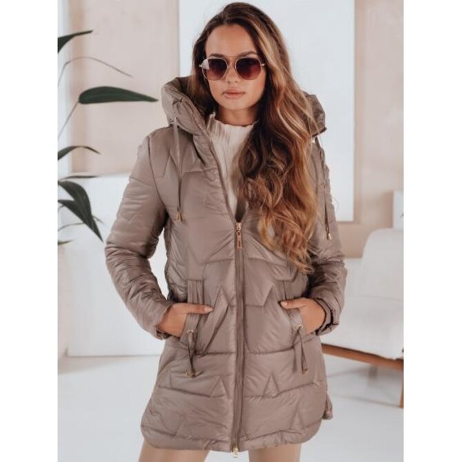 Dámská zimní prošívaná bunda s kapucí tmavě béžová Béžová, XL