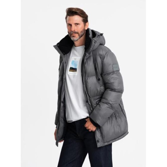 Pánská dlouhá péřová bunda s kapsami na patentky - grafitová V1 Tmavě šedá, M