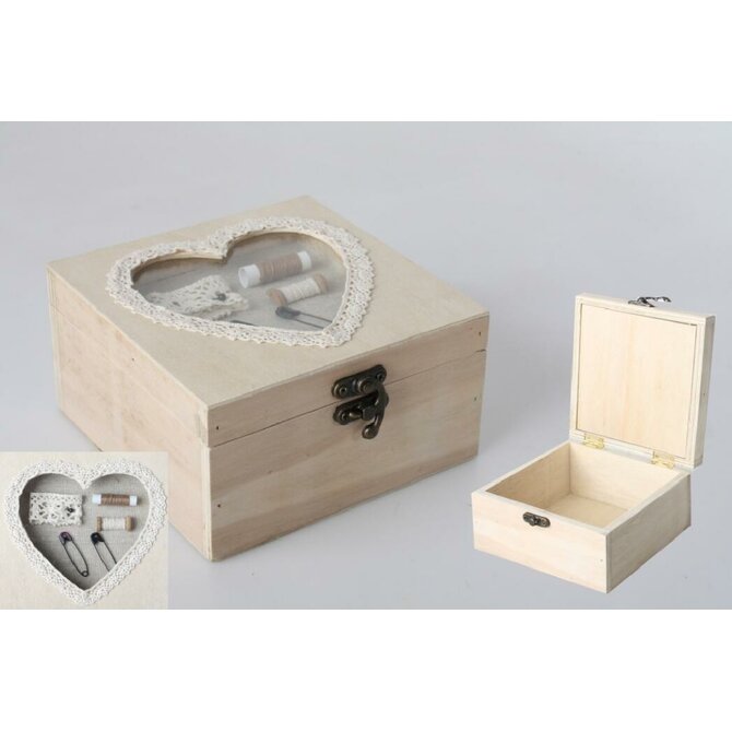Krabice na šití "WOODEN HEART" 15x15x8cm