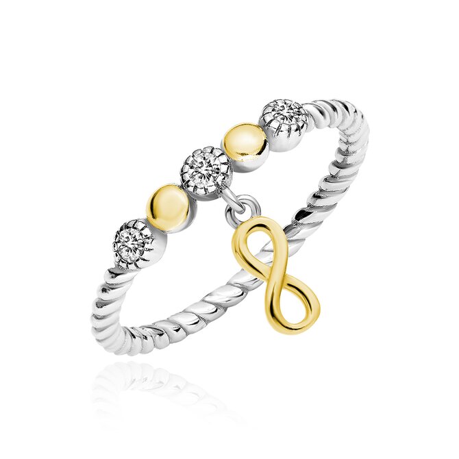 Klenoty Amber Stříbrný pletený prsten s pozlaceným nekonečnem a bílými zirkony Velikost: 53