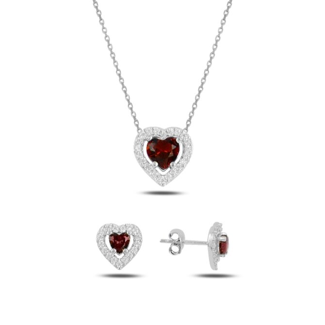 Klenoty Amber Stříbrná sada šperků srdce růžové - náušnice, náhrdelník stříbro Ag 925/1000