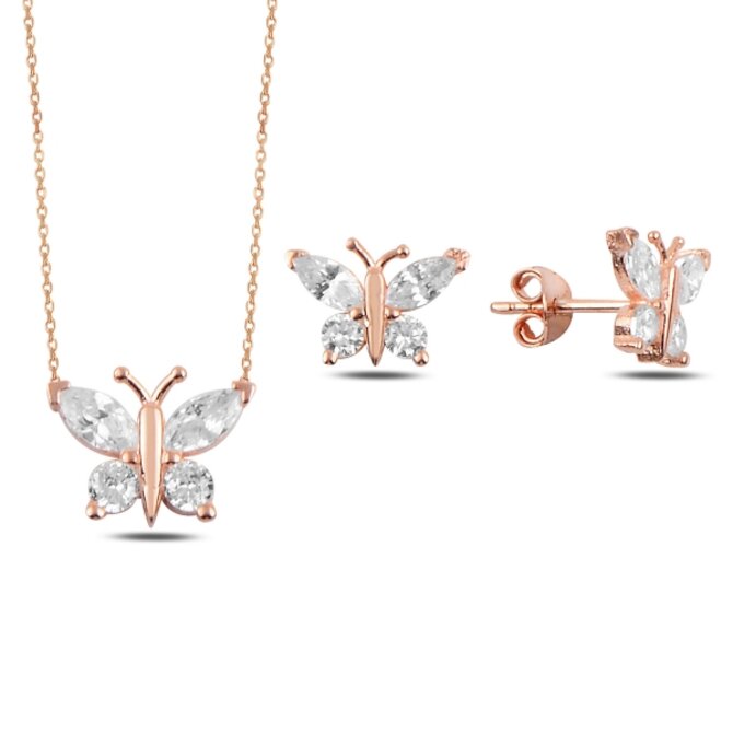 Klenoty Amber Stříbrná sada Motýlci - náhrdelník, náušnice pozlacené stříbro Ag 925/1000