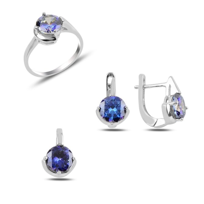 Klenoty Amber Luxusní sada s barevnými zirkony - prsten, náušnice a přívěsek - tmavě modrá stříbro Ag 925/1000