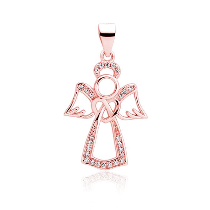 Klenoty Amber Stříbrný anděl se srdcem se zirkony - růžové zlacení růžová, pozlacené stříbro Ag 925/1000