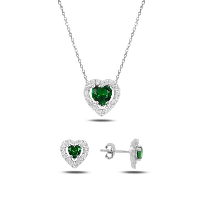 Klenoty Amber Stříbrná sada šperků srdce zelené - náušnice, náhrdelník zelená, stříbro Ag 925/1000