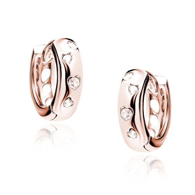 Klenoty Amber Stříbrné náušnice kroužky s čirými zirkony rose růžová, pozlacené stříbro Ag 925/1000