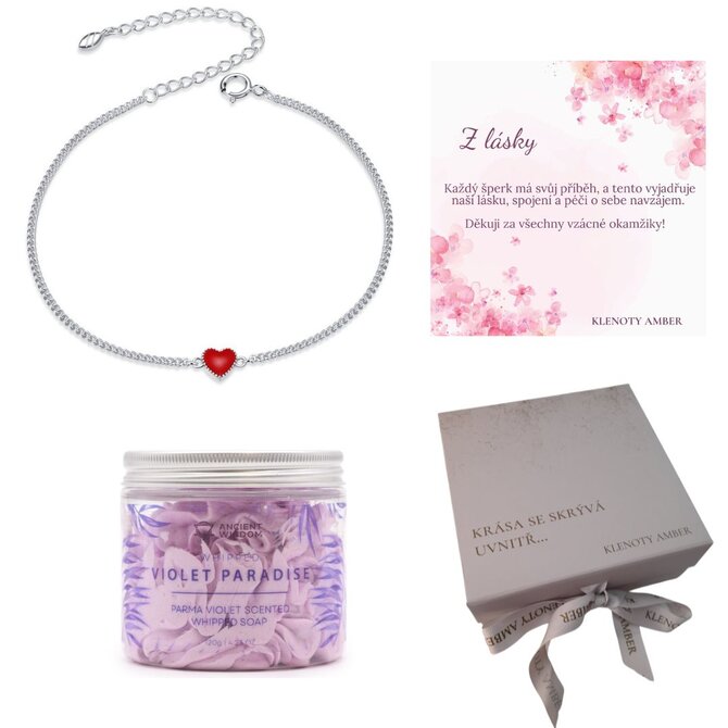 Dárkový balíček Z lásky s náramkem a šlehaným mýdlem Fialka