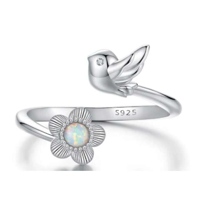 Klenoty Amber Stříbrný otevřený prsten ptáček a kytička s opálem duhová, stříbro Ag 925/1000