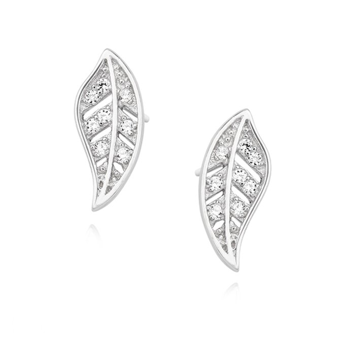 Klenoty Amber Jemné náušnice se zirkony - lístky bílá, stříbro Ag 925/1000