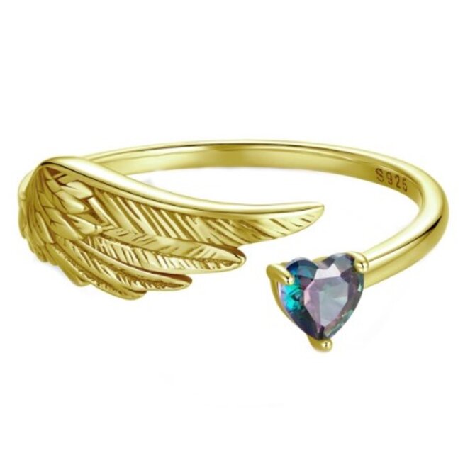 Klenoty Amber Pozlacený stříbrný prstýnek „Andělské srdce“ s křídlem a duhovým kamenem duhová, pozlacené stříbro Ag 925/1000