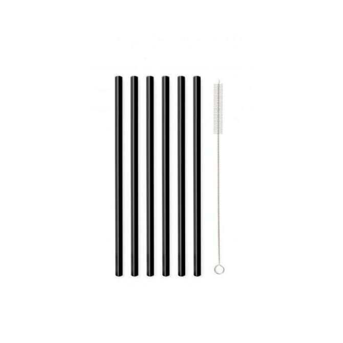 Vialli Design Skleněné brčko černé, rovné 200 mm, 6 ks +  kartáček, 6599