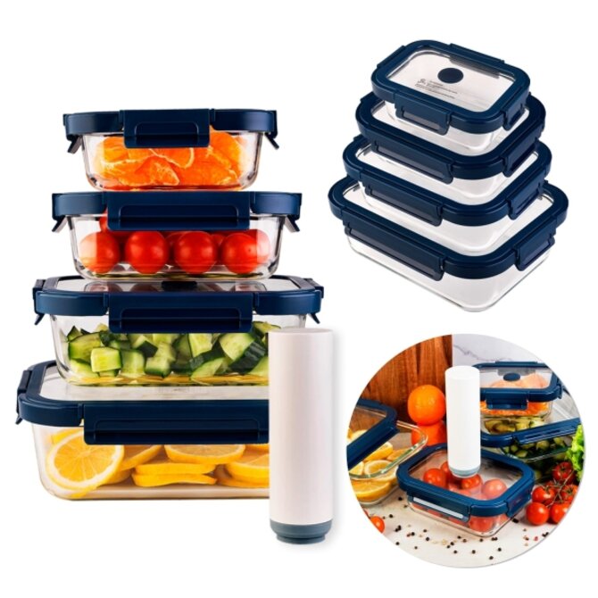 DuraHome Dóza skleněná, vakuovací, sada 4 ks, 370 - 1500 ml, s el. pumpičkou