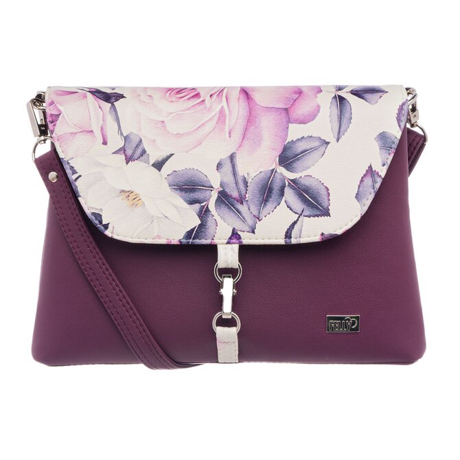 Malá, klopová, crossbody kabelka LENA vínová s motivem růže Potisk, Small