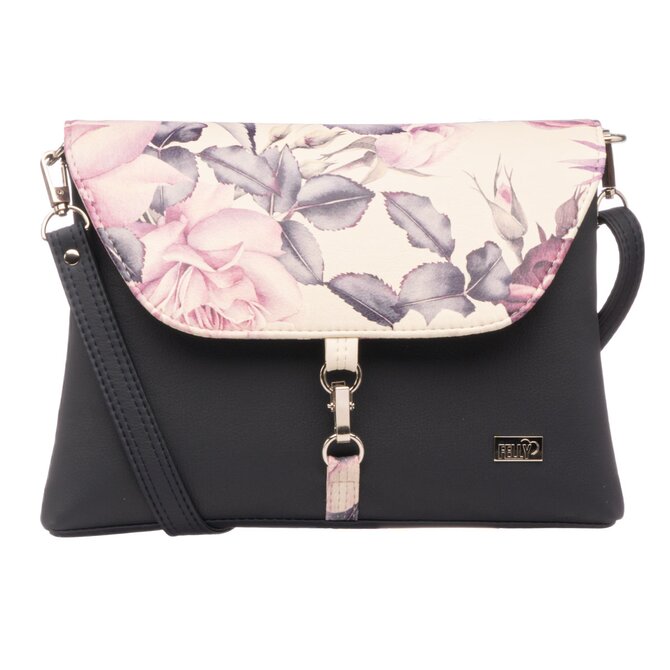 Malá, klopová, crossbody kabelka LENA modrá s motivem růží Potisk, Small