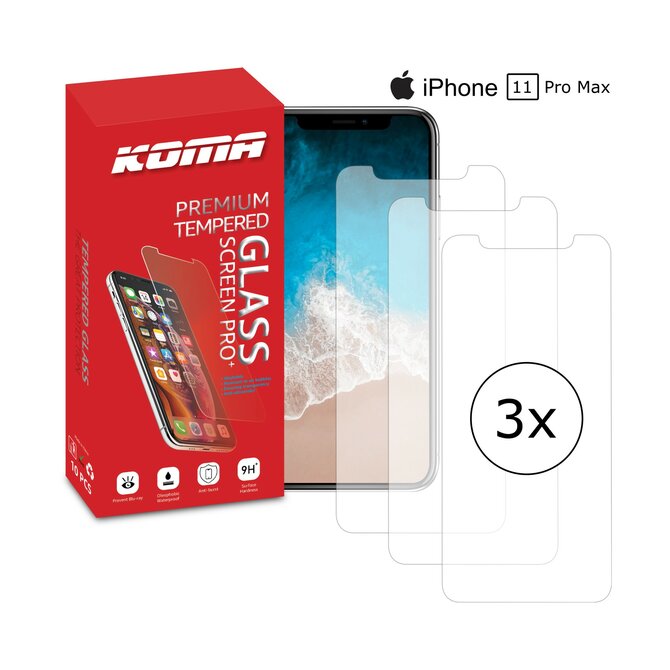 KOMA Sada 3 ochranných tvrzených skel pro iPhone 11 Pro Max, zaoblení 2.5 D, tvrdost 9H
