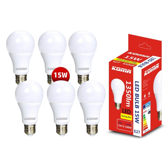 Sada 6ks LED žárovek KOMA E27 15W, 230V, 1350lm, 20000h, 6500K studená bílá