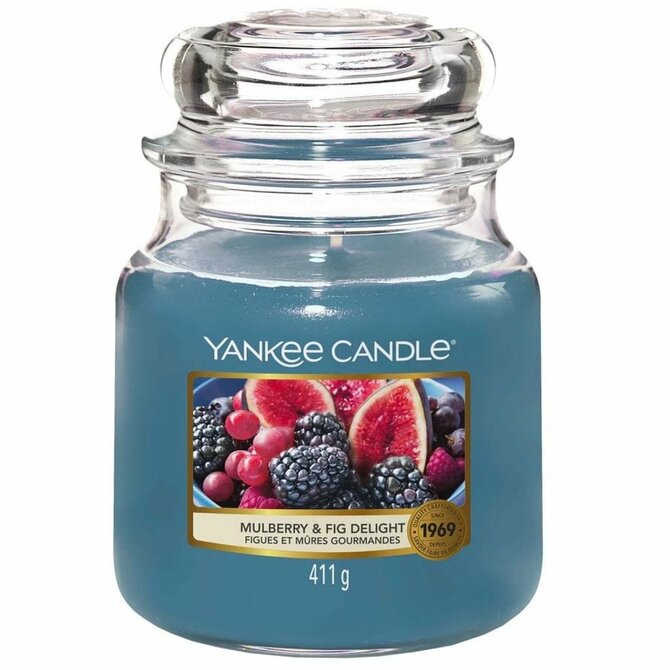 Yankee Candle vonná svíčka Classic ve skle střední Mulberry & Fig Delight 368g Modrá