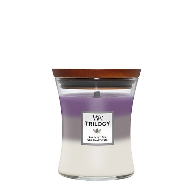WoodWick vonná svíčka s dřevěným knotem střední Trilogy Amethyst Sky 275 g Vícbarevná
