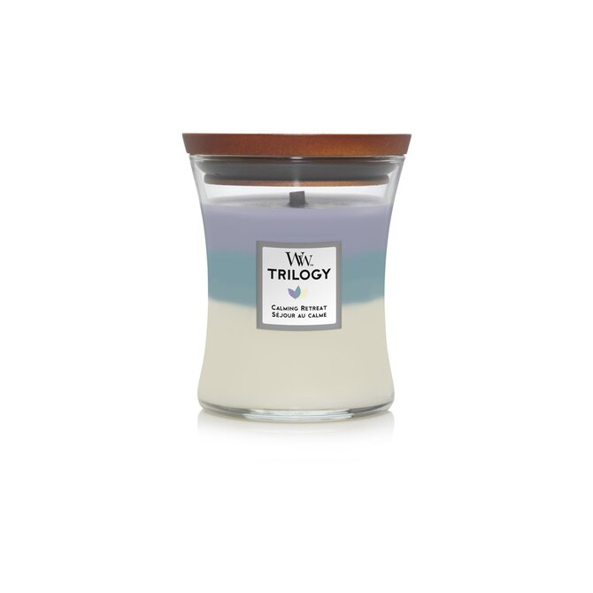 WoodWick vonná svíčka s dřevěným knotem střední Trilogy Calming Retreat 275 g Vícbarevná