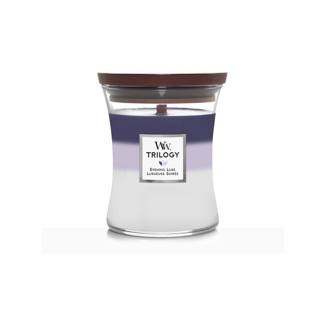 WoodWick vonná svíčka s dřevěným knotem střední Trilogy Evening Luxe 275 g Vícbarevná