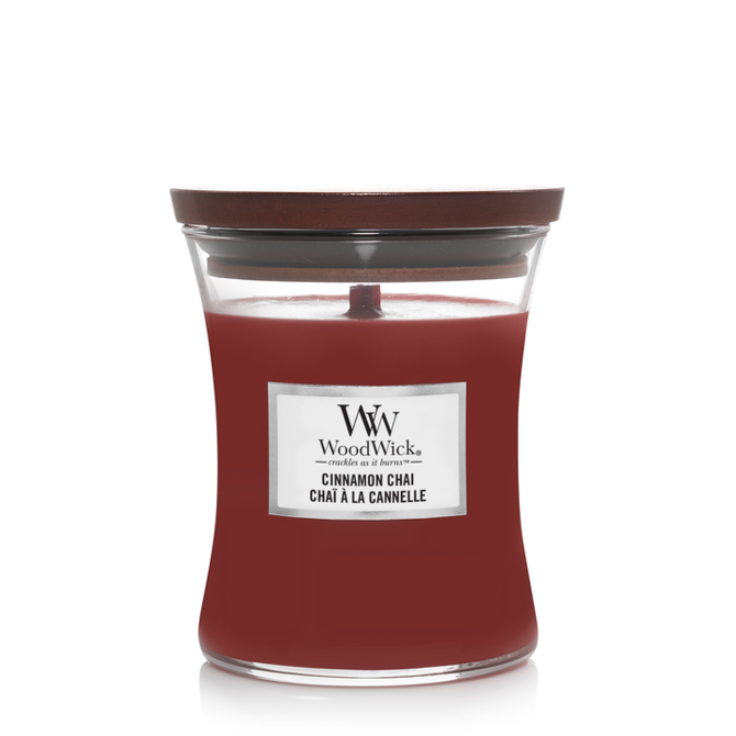 WoodWick vonná svíčka s dřevěným knotem střední Cinnamon Chai 275g Červená