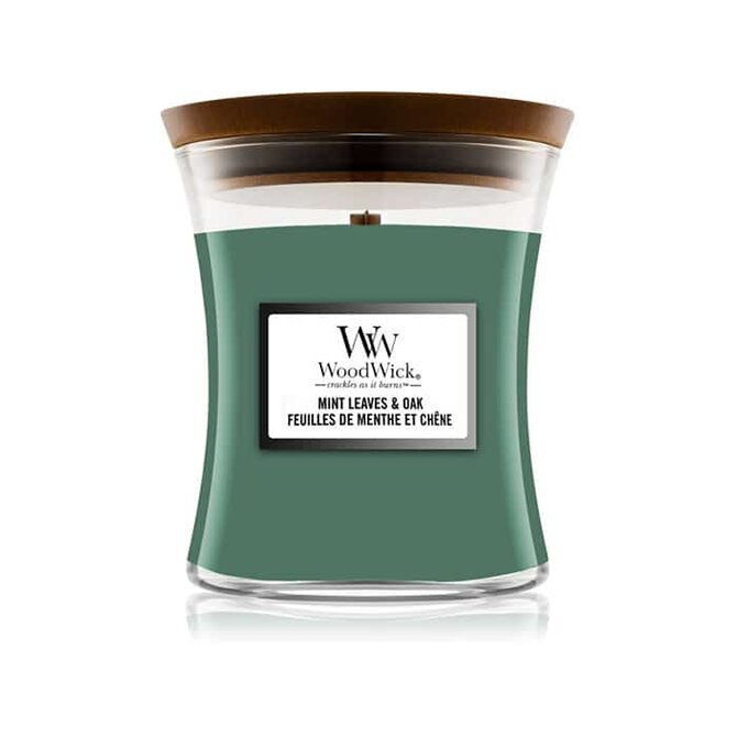 WoodWick vonná svíčka s dřevěným knotem střední Mint Leaves & Oak 275g Zelená