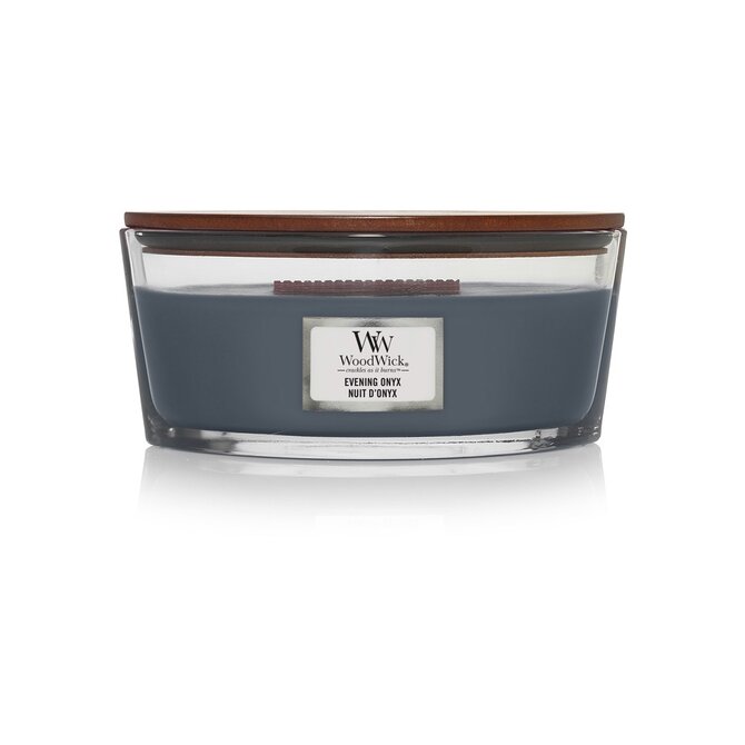 WoodWick vonná svíčka s dřevěným knotem Elipsa Evening Onyx 453,6 g Modrá