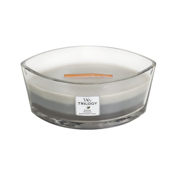 WoodWick vonná svíčka s dřevěným knotem Elipsa Trilogy Elipsa Warm Woods 453,6 g Šedá