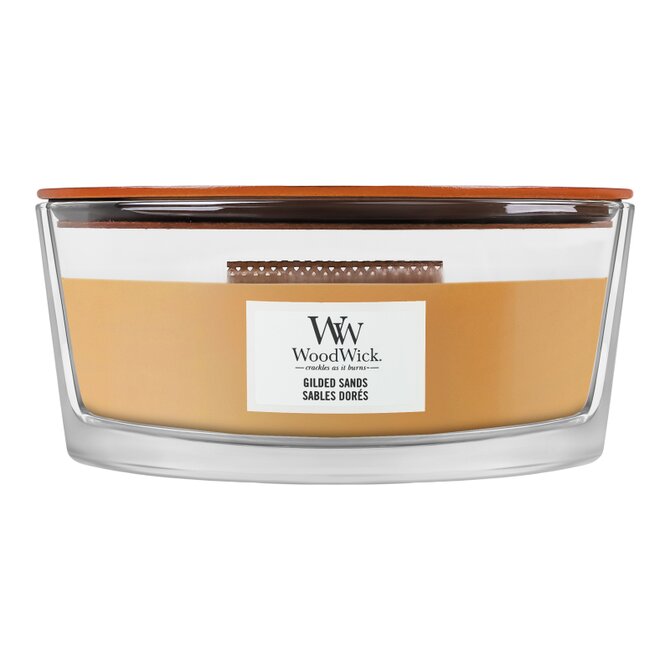 WoodWick vonná svíčka s dřevěným knotem Elipsa Gilded Sands 453,6 g Béžová