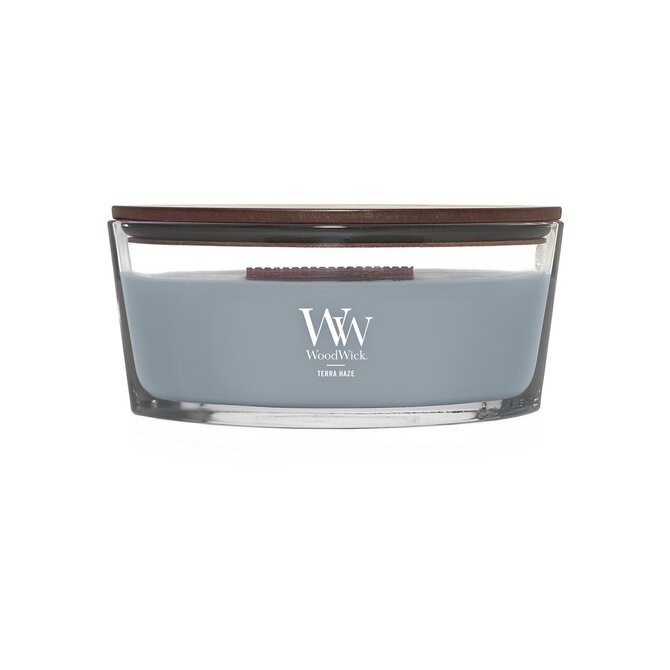 WoodWick vonná svíčka s dřevěným knotem Elipsa Terra Haze 453,6g Šedá