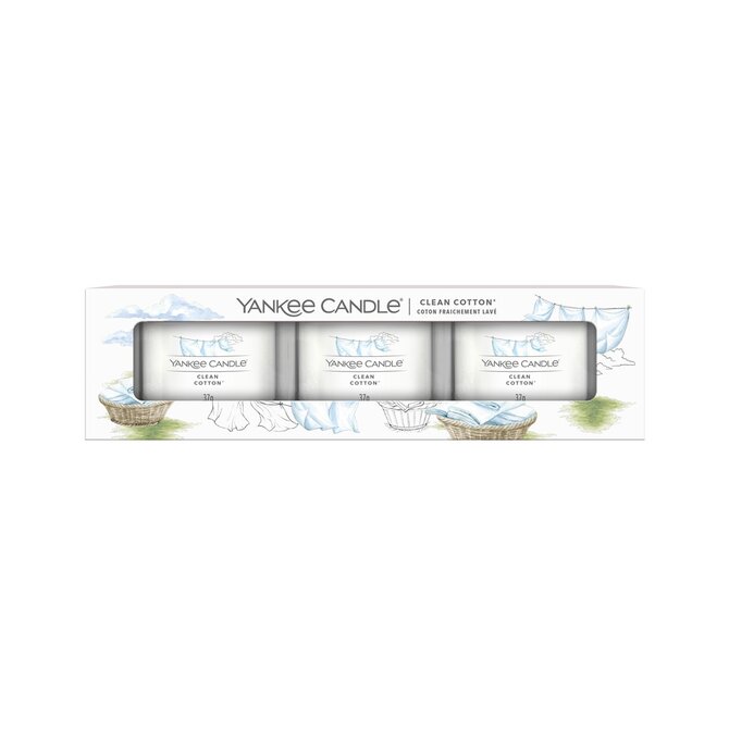 Yankee Candle votivní svíčka ve skle Clean Cotton 3x37g