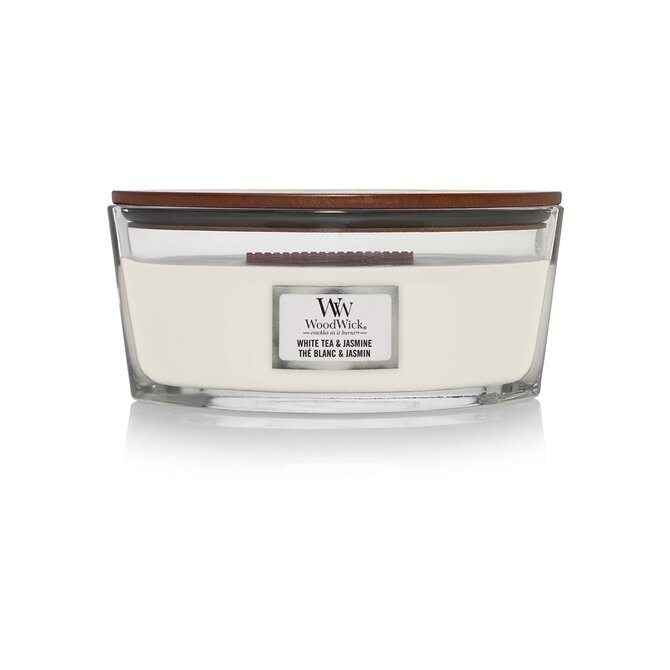 WoodWick vonná svíčka s dřevěným knotem Elipsa Elipsa White Tea and Jasmine 453,6 g Bílá