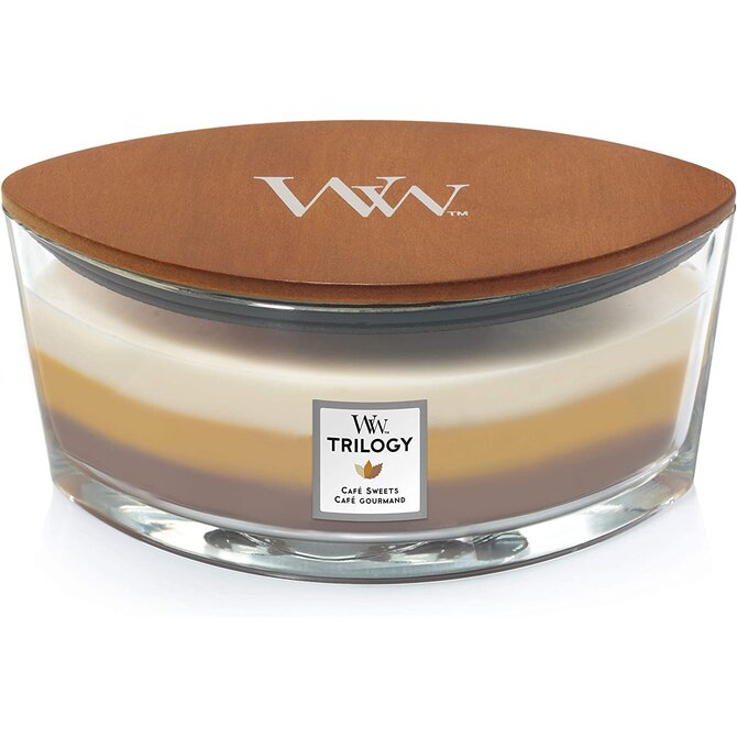 WoodWick vonná svíčka s dřevěným knotem Trilogy Elipsa Cafe Sweets 453,6 g Hnědá