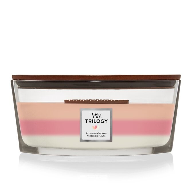 WoodWick vonná svíčka s dřevěným knotem Elipsa Trilogy Blooming Orchard 453,6 g Růžová