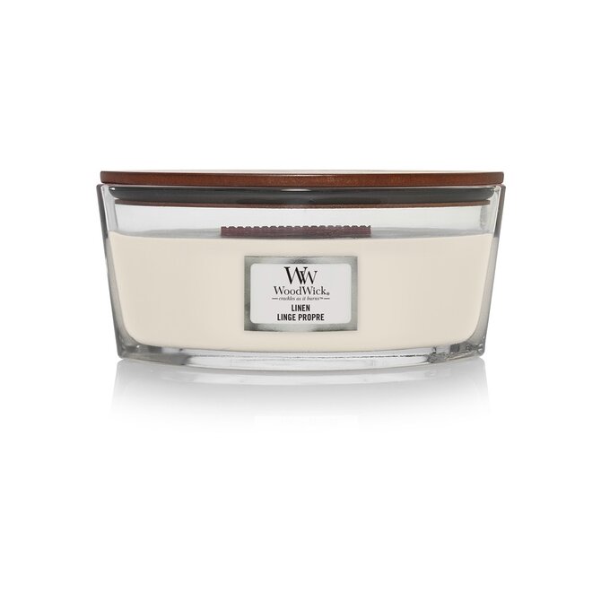 WoodWick vonná svíčka s dřevěným knotem Elipsa Elipsa Linen 453,6 g Krémová