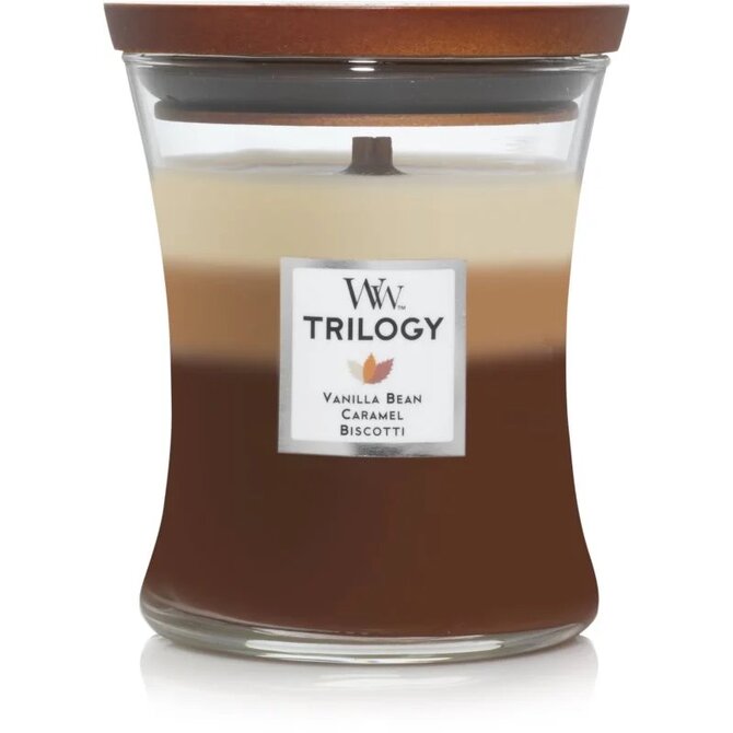 WoodWick vonná svíčka s dřevěným knotem střední Trilogy Cafe Sweets 275 g Vícbarevná