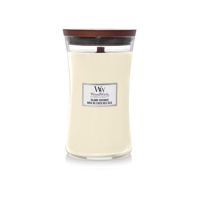 WoodWick vonná svíčka s dřevěným knotem velká Island Coconut 609 g Bílá