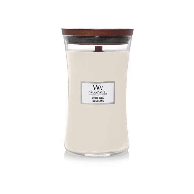 WoodWick vonná svíčka s dřevěným knotem velká White Teak 609 g Bílá