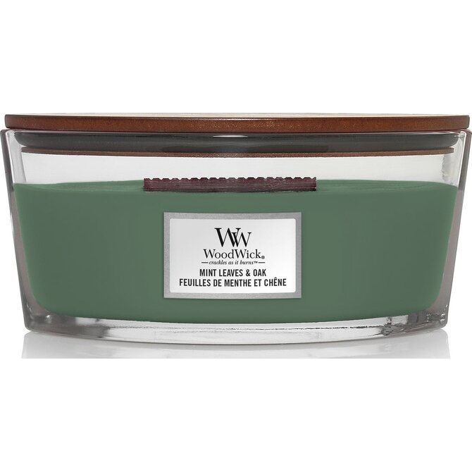 WoodWick vonná svíčka s dřevěným knotem Elipsa Mint Leaves & Oak 453,6g Zelená