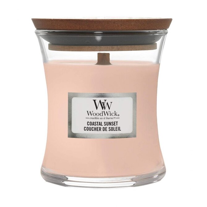 WoodWick vonná svíčka s dřevěným knotem malá Coastal Sunset 85 g Růžová
