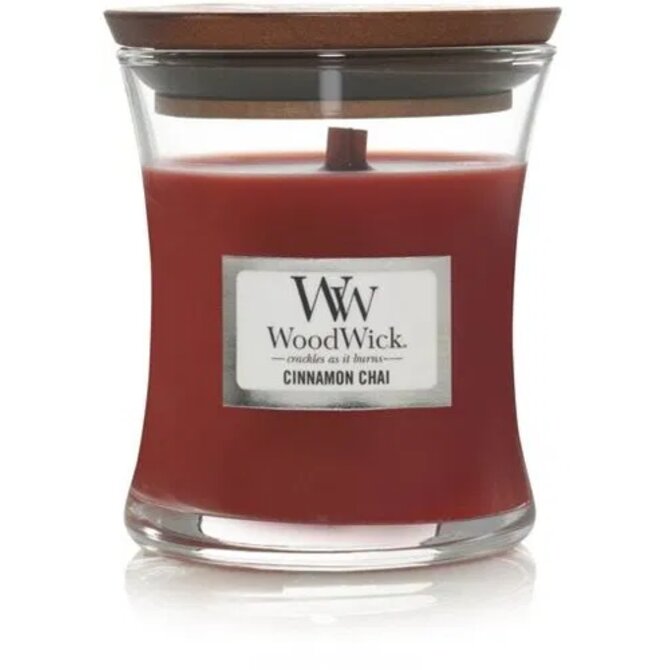WoodWick vonná svíčka s dřevěným knotem malá Cinnamon Chai 85g