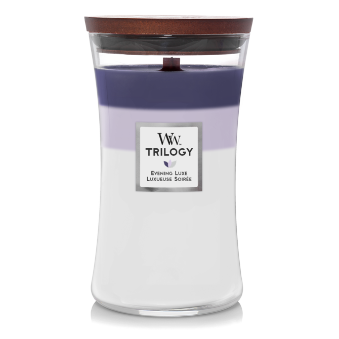 WoodWick vonná svíčka s dřevěným knotem velká Trilogy Evening Luxe 609 g Fialová