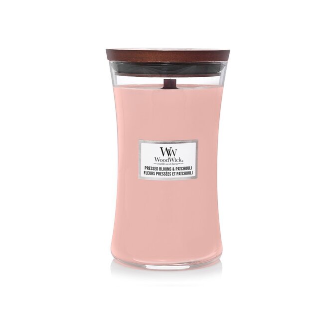 WoodWick vonná svíčka s dřevěným knotem velká Pressed Blooms & Patchouli 609 g Růžová