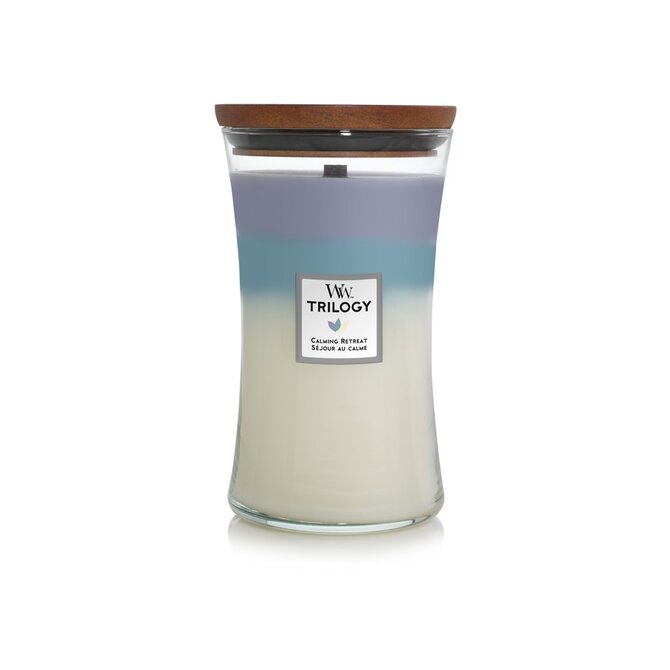 WoodWick vonná svíčka s dřevěným knotem Trilogy Calming Retreats 609 g Vícbarevná